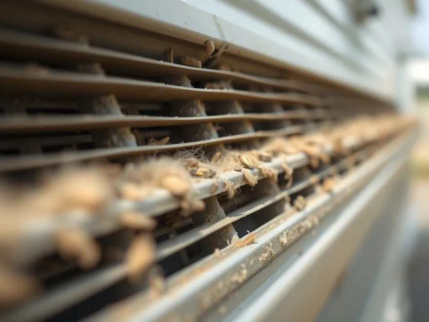 Outdoor condenser fins packed with dust and seed fluff