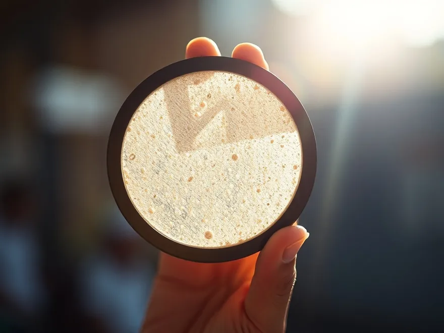 Air filter loaded with fine particulate held up to the light